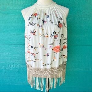 ANTHROPOLOGIE EMBROIDERED BIRDS FUN FLORAL PRINT FRINGE GATSBY HALTER STYLE …